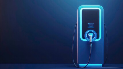 A futuristic electric vehicle charging station with a sleek design and glowing blue lights on a dark blue background.