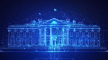 Poster - A glowing blue wireframe of the White House with an American flag on top.