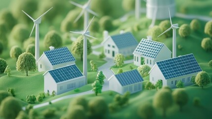 Utilizing renewable energy sources, such as wind turbines, solar panels, and green energy plants, electricity is produced.