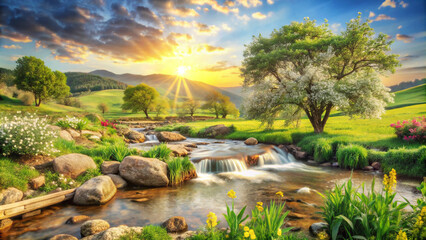 landscape with riverriver, water, landscape, nature, sky, tree, lake, grass, stream, green, summer, 