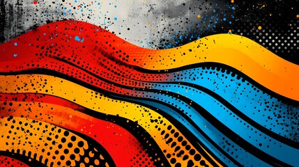 A colorful painting with red, yellow, and blue stripes. The painting has a lot of dots and it is abstract