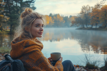 Poster - A woman sitting on a park bench with a cup of coffee, enjoying the view of a calm lake.