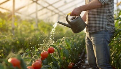 Watering seedlings of tomato plants in a greenhouse