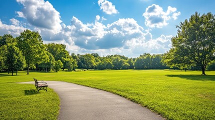 Wall Mural - A serene park with a pathway, benches, and lush greenery under a bright sky.