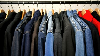 Poster - Exploring the vibrant clothing display of denim jackets, jeans, and a striking red shirt at a bustling retail store