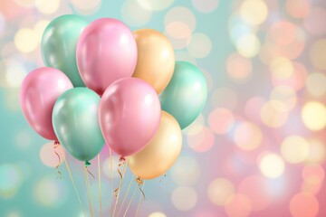 A delightful cluster of colorful helium balloons floats serenely, transforming a blurred pastel backdrop into a joyful celebration. Ideal for any festive occasion.