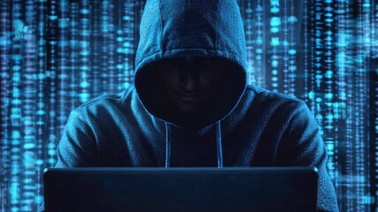 hacker in hood with binary code background, hacker concept design for online security and cyber atta