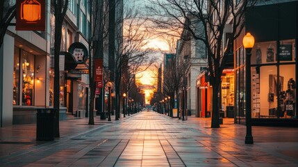 Poster - A serene urban street at sunset, showcasing shops and glowing streetlights.