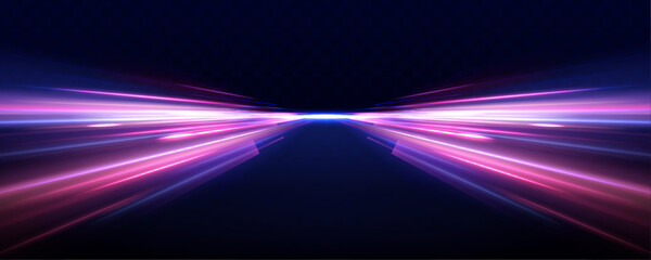 Fototapete - Trendy geometric neon collage for speed movement. Acceleration speed motion on night road. Light and stripes moving fast over dark background.	