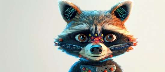 A sweet 3D animated cartoon raccoon with a mask-like face, on a white background, colorful and whimsical, digital art.