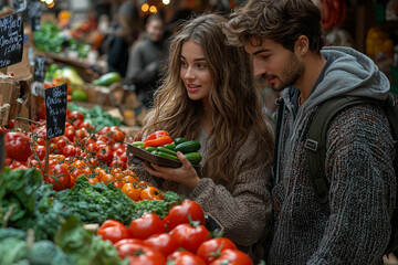 A couple browsing through a farmer's market, picking up fresh vegetables and chatting with vendors.