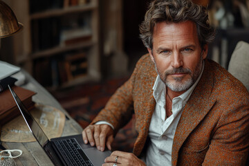 Canvas Print - A CEO sitting at a minimalist desk, typing on his laptop with a focused expression.