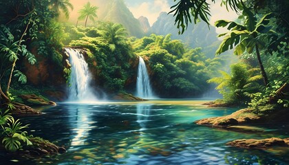 Serene Tropical Waterfall Oasis Amidst Lush Jungle Greenery