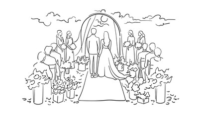 Wedding proposal continuous line art drawing isolated on white background. Wedding ceremony outline. Vector illustration