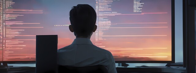 Software developer sitting in front of screen coding a program. Highly detailed and realistic ultrawide wallpaper illustration