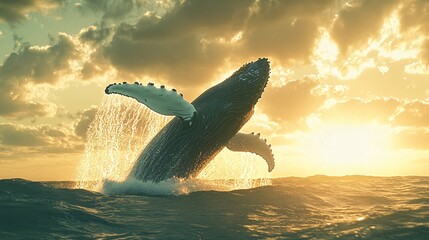 Wall Mural - a humpback whale leaps out of the water against a stunning sunset.
