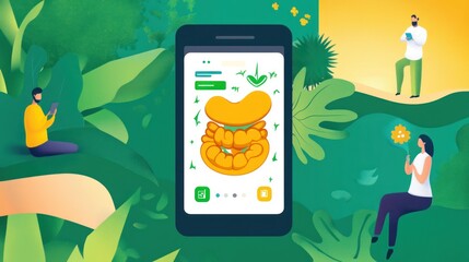 A smartphone displaying a vibrant illustration amidst a lush green environment.