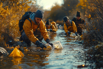 Wall Mural - A river cleanup event with volunteers collecting trash from the water and surrounding areas, highlighting efforts to keep waterways clean. Concept of water conservation.