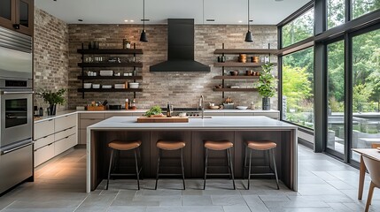 Modern Minimalist Kitchen Room with Wooden Table, luxurious Interior Design, Furniture with Background