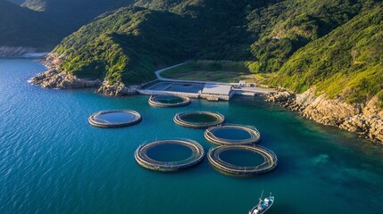 Wall Mural - Aerial shot of fish farm in clear blue sea, boat nearby, sustainable marine farming scene