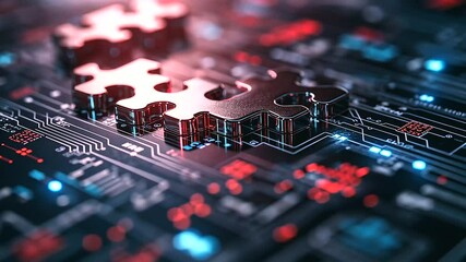 API integration concept depicted with digital puzzle pieces interlocking over a sleek, high-tech background, emphasizing seamless connectivity