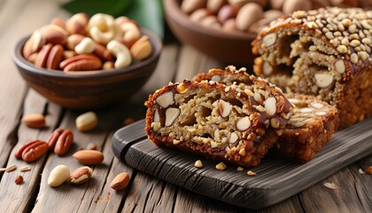 Wall Mural - Nutty Delight: Close-Up of Rich Bread Surrounded by a Bowl of Assorted Nuts on Rustic Wooden Table