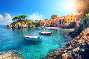 Wall Mural - Mediterranean coastal scene with blue waters, rocky cliffs, and vibrant buildings, idyllic and serene