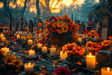 Sticker - A scenic view of a cemetery adorned with vibrant flowers and candles, with families visiting and paying their respects in a respectful and festive manner.