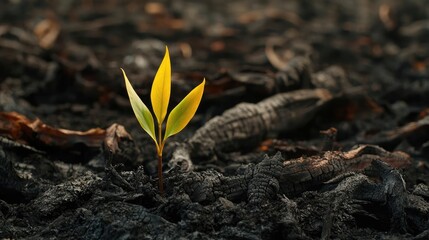 A resilient plant sprouting from charred soil, symbolizing hope and renewal in the face of destruction.