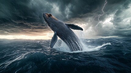 Wall Mural - a humpback whale leaps from the ocean during a dramatic thunderstorm.