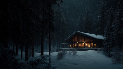 Mystical winter scene featuring a snow-covered cabin amidst a dark forest, with warm glowing light from within, evoking a sense of tranquility and inviting warmth, ideal for winter themes.