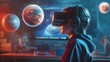 © Lorraine - Young student in a colorful classroom, wearing a VR headset, surrounded by floating AI-generated holograms of planets and animals, futuristic, digital painting, soft warm tones
