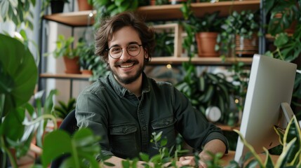 Fototapete - A man is sitting at a desk with a computer and a potted plant behind him