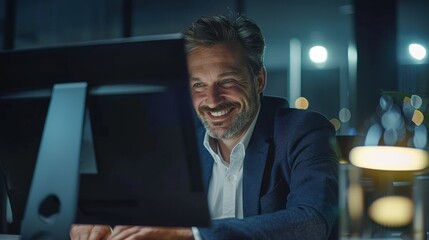 Fototapete - A man is sitting at a computer with a smile on his face
