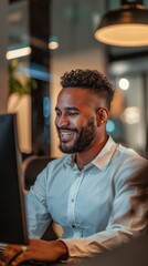 Fototapete - A man with a beard and a smile is sitting in front of a computer