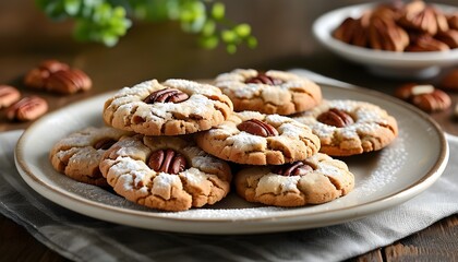 Wall Mural - Delicious pecan cookies arranged on a wooden table