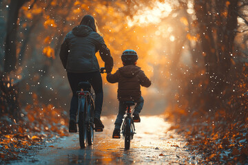 Poster - A parent teaching their child to ride a bicycle in a safe and open area, offering guidance and encouragement. Concept of parenting and learning new skills.