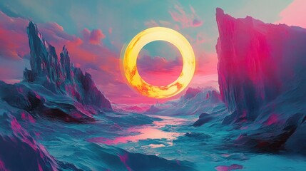 Bright circle object. Digital painting. Fictional abstract realm. Futuristic concept art. Colorful artistic landscape. 