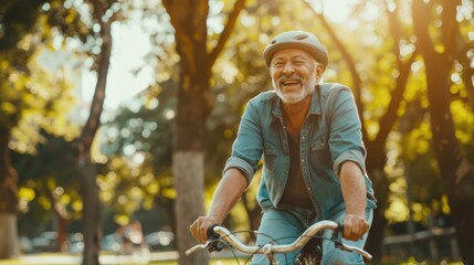 A man is smiling and riding a bicycle in a park