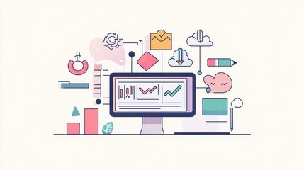 Leinwandbilder - Vector illustration of data analysis with a computer displaying graphs and various icons representing analytics and communication tools