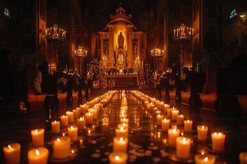 Candlelit Christmas Eve Service in Beautifully Lit Church with Congregation