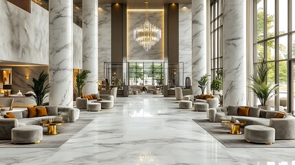 Wall Mural - A high-end hotel lobby with sleek marble floors, a grand chandelier, plush seating with velvet textures, gold accents, large columns, and modern decor, creating a refined yet contemporary atmosphere,