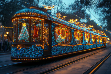 Wall Mural - A futuristic Christmas parade featuring floats with holographic decorations and drones performing festive light shows. Concept of high-tech holiday celebrations.