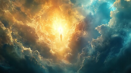 Wall Mural - a figure ascends through vibrant clouds towards a radiant light in a dramatic celestial expanse at d