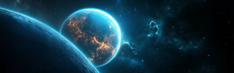 Wall Mural - vibrant blue planet illuminated against the dark cosmic backdrop of distant stars and nebulae in an 