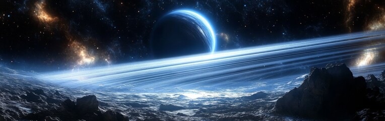 Wall Mural - a breathtaking view of a distant planet surrounded by rings, shimmering stars, and cosmic phenomena 