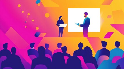 Poster - A vibrant presentation in a colorful auditorium featuring a speaker and an audience engaged in a lively discussion