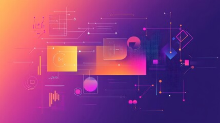 Leinwandbilder - Colorful abstract design with geometric shapes and tech-inspired patterns on a gradient background
