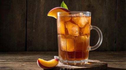 Glass of peach iced tea with ice cubes on rustic wooden table background