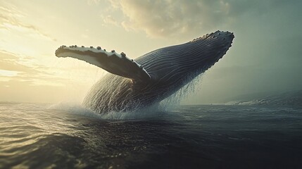 Wall Mural - a humpback whale breaches the water's surface, its massive tail fin raised in the air, as the sun se
